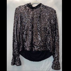 Free People Black Moonstruck Sequin Open Back Long Sleeve Top, Size M